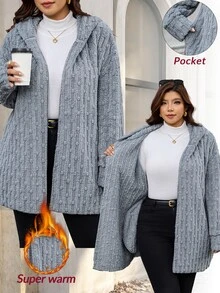 SHEIN Clasi 大尺碼百搭舒適提花長袖連帽外套 冬季 - 藍色 - 查看 8