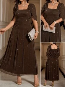 Reflora Plus Square Neck Ruched Side Glitter Dress Cocktail Girls Night Brown Summer Elegant Sexy - Brown - View 10