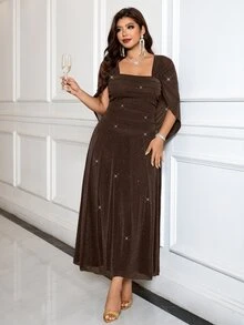 Reflora Plus Square Neck Ruched Side Glitter Dress Cocktail Girls Night Brown Summer Elegant Sexy - Brown - View 8