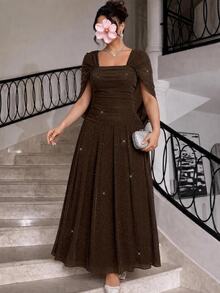 Reflora Plus Square Neck Ruched Side Glitter Dress Cocktail Girls Night Brown Summer Elegant Sexy - Brown - View 2