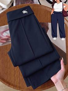 SHEIN LUNE Plus Size Casual Versatile Solid Color Wide Leg Sweatpants - Navy Blue - View 1