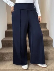 SHEIN LUNE Plus Size Casual Versatile Solid Color Wide Leg Sweatpants - Navy Blue - View 5