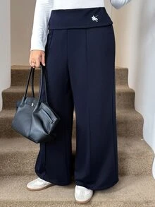 SHEIN LUNE Plus Size Casual Versatile Solid Color Wide Leg Sweatpants - Navy Blue - View 3