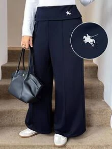 SHEIN LUNE Plus Size Casual Versatile Solid Color Wide Leg Sweatpants - Navy Blue - View 8