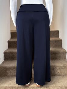 SHEIN LUNE Plus Size Casual Versatile Solid Color Wide Leg Sweatpants - Navy Blue - View 2