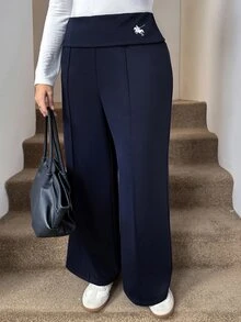 SHEIN LUNE Plus Size Casual Versatile Solid Color Wide Leg Sweatpants - Navy Blue - View 4