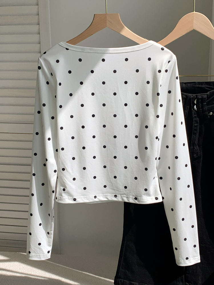 Comfortcana Women's Cute Korean Style White And Black Polka Dot Cartoon Print Long Sleeve T-Shirt Everyday School Autumn Vintage - Black and White - View 2