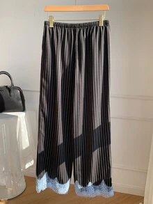 Comfortcana Women's Lace Patchwork Striped Long Pants - Black - View 3