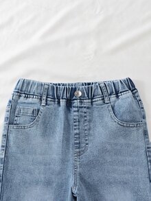 女童牛仔褲，四季新款，甜美時尚，淺洗藍色，喇叭褲腿，高腰鬆緊腰，彈性棉牛仔面料，修身剪裁，褲腳粉色蝴蝶結刺繡，開衩褲腿，修飾身形，適合日常穿著、上學、派對 - 淺色水洗藍 - 查看 4