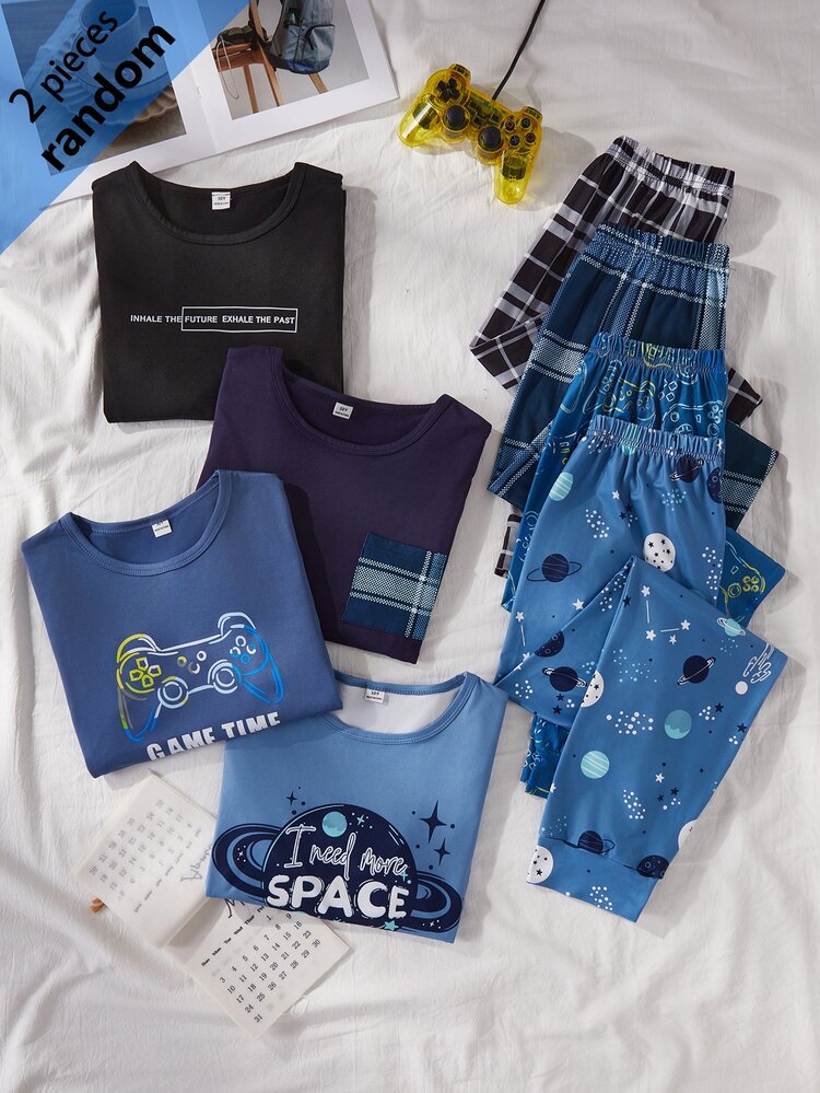 SHEIN 4 Random Sets Out Of 1 Pajama Sets) Boys' Simple Gentleman Plaid Long Sleeve Solid Color Plaid Pocket Top Fashion Loungewear + Iridescent Game Console + Simple Letter Print + Starry Sky Print Long Sleeve Pants Random 2-Piece Loungewear Pajamas - Multicolor - View 3
