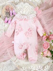 SHEIN Newborn Girls' Elegant Pink Rose Adorable Footie Vacation Ruffled Polyester Lightweight Breathable Classic Easy-CareSoft-Touch Jumpsuit - Pink - View 2