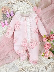 SHEIN Newborn Girls' Elegant Pink Rose Adorable Footie Vacation Ruffled Polyester Lightweight Breathable Classic Easy-CareSoft-Touch Jumpsuit - Pink - View 7