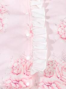 SHEIN Newborn Girls' Elegant Pink Rose Adorable Footie Vacation Ruffled Polyester Lightweight Breathable Classic Easy-CareSoft-Touch Jumpsuit - Pink - View 6