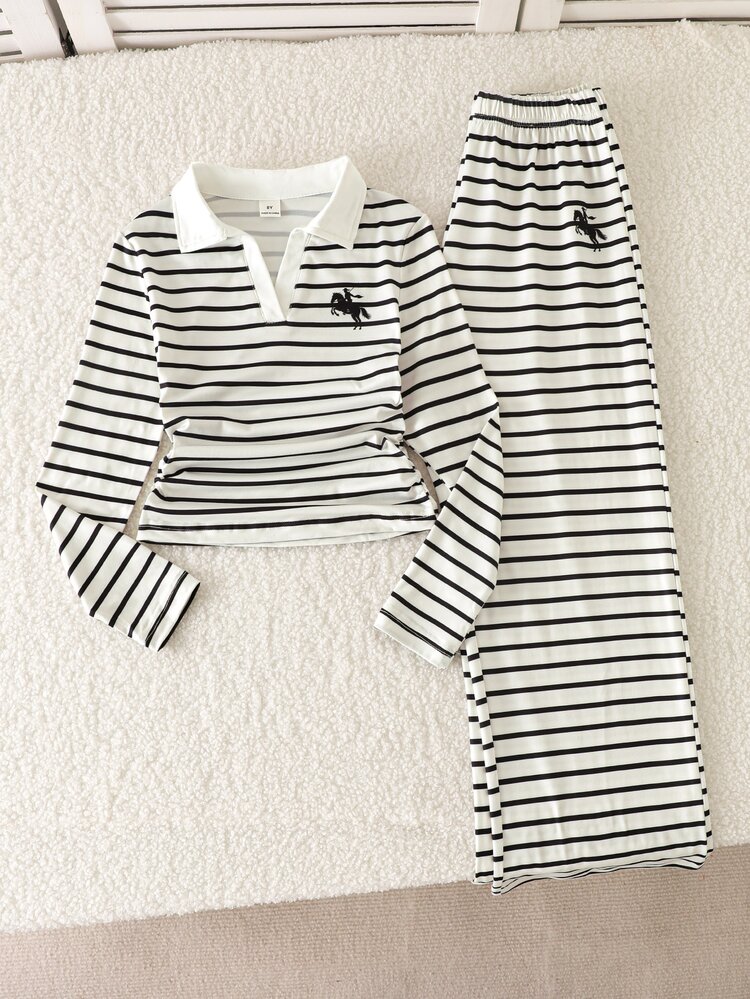 Genkimix Kids 2pcs Big Girl Preppy Aesthetic Campus Daily Spring Striped Embroidery Polo Collar Long Sleeve Tee Wide Leg Pants Outfit Set - Multicolor - View 7