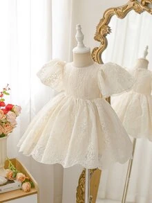 Glamorique Kids 優雅奶油白色花童嬰兒芭蕾舞裙，夏季復古刺繡3D花朵蕾絲貼花，蓬蓬泡泡短袖公主婚禮派對禮服 - 杏色 - 查看 7