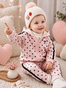 女嬰 1 套秋季波點拉鍊連帽外套與運動長褲，秋季冬季休閒 2 件套服裝 - 粉色 - 查看 3