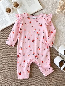 SHEIN رومبير طفلة حديثة الولادة بطراز ريفي زهري، بيج مع طباعة منعشة، تصميم أكمام رفرفة على الكتف، ياقة دائرية بتناسب محكم دون ضيق، إغلاق بأزرار كبس عند المنطقة السفلية لتسهيل تغيير الحفاض، تصميم أكمام طويلة للربيع/الخريف، مناسب للخروجات والصور - وردي - مشاهدة 1