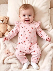 SHEIN رومبير طفلة حديثة الولادة بطراز ريفي زهري، بيج مع طباعة منعشة، تصميم أكمام رفرفة على الكتف، ياقة دائرية بتناسب محكم دون ضيق، إغلاق بأزرار كبس عند المنطقة السفلية لتسهيل تغيير الحفاض، تصميم أكمام طويلة للربيع/الخريف، مناسب للخروجات والصور - وردي - مشاهدة 4