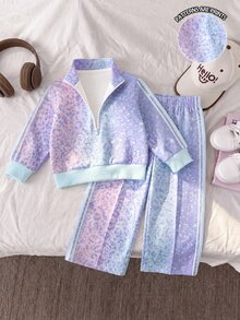 SHEIN Playful Pals 女嬰 2 件套 時尚可愛彩色豹紋立領拉鍊長袖運動外套上衣 豹紋多巴胺配色寬腿褲 柔軟面料 適合外出 秋冬款 - 彩色 - 查看 9