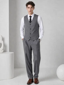 SHEIN 2件組青少年男孩紳士套裝，白色修身背心 + 紋理長褲，優雅寬鬆可愛青少年正式西裝，適用生日、婚禮、六年級、派對 - 灰色 - 查看 8