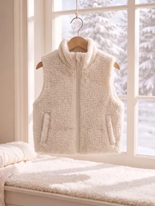 SHEIN Elladie kids 女童冬季新款加厚保暖內裡立領無袖背心，紋理布料，前拉鍊設計，杏色，簡約百搭時尚保暖背心，適合日常穿著 - 杏色 - 查看 7