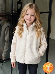 SHEIN Elladie kids 女童冬季新款加厚保暖內裡立領無袖背心，紋理布料，前拉鍊設計，杏色，簡約百搭時尚保暖背心，適合日常穿著 - 杏色 - 查看 2