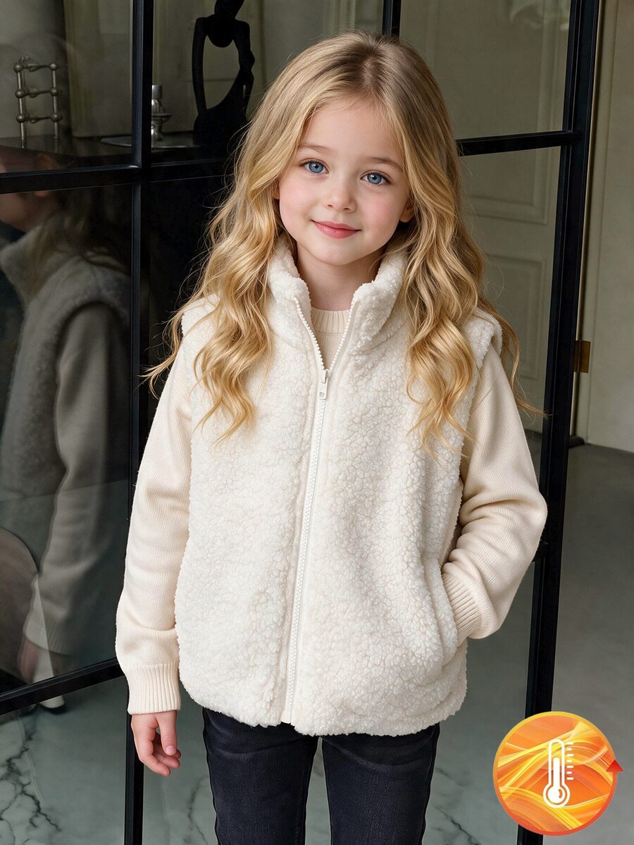 SHEIN Elladie kids 女童冬季新款加厚保暖內裡立領無袖背心，紋理布料，前拉鍊設計，杏色，簡約百搭時尚保暖背心，適合日常穿著