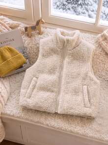 SHEIN Elladie kids 女童冬季新款加厚保暖內裡立領無袖背心，紋理布料，前拉鍊設計，杏色，簡約百搭時尚保暖背心，適合日常穿著 - 杏色 - 查看 5