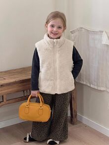 SHEIN Elladie kids 女童冬季新款加厚保暖內裡立領無袖背心，紋理布料，前拉鍊設計，杏色，簡約百搭時尚保暖背心，適合日常穿著 - 杏色 - 查看 3