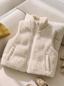 SHEIN Elladie kids 女童冬季新款加厚保暖內裡立領無袖背心，紋理布料，前拉鍊設計，杏色，簡約百搭時尚保暖背心，適合日常穿著 - 杏色 - 查看 8