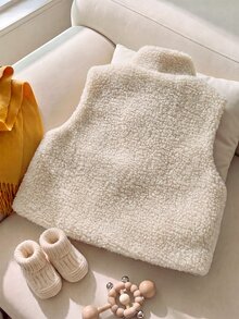 SHEIN Elladie kids 女童冬季新款加厚保暖內裡立領無袖背心，紋理布料，前拉鍊設計，杏色，簡約百搭時尚保暖背心，適合日常穿著 - 杏色 - 查看 6
