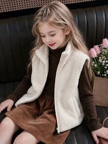 SHEIN Elladie kids 女童冬季新款加厚保暖內裡立領無袖背心，紋理布料，前拉鍊設計，杏色，簡約百搭時尚保暖背心，適合日常穿著 - 杏色 - 查看 4