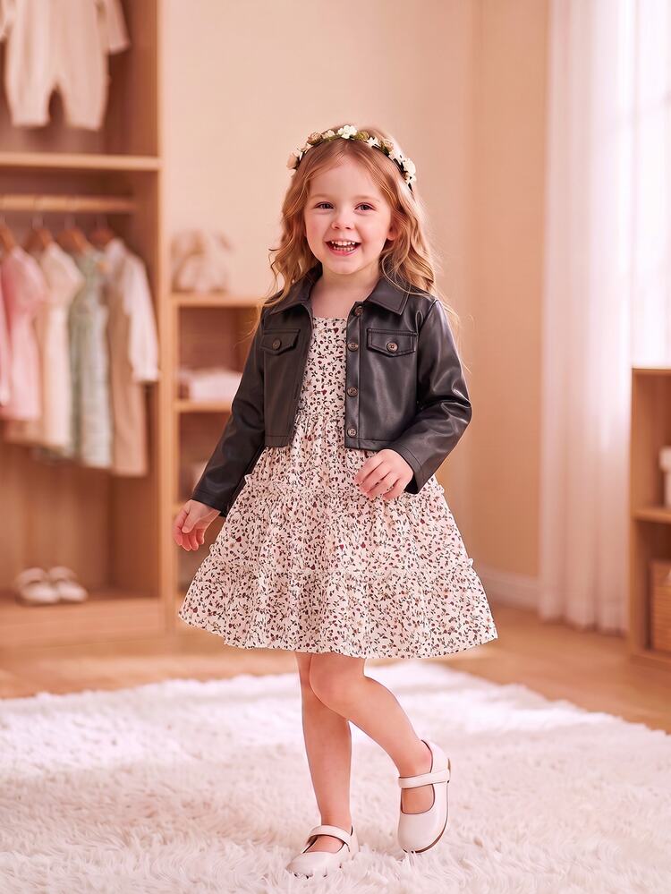 SHEIN Elladie kids Young Girls New Fashion Blazer Collar Long Sleeve Jacket With Elastic Waist A-Line Tiered Floral Print Cami Dress 2-Piece Set, Suitable For Daily Casual Wear And Vacation, Spring/Autumn - Black and White - View 7