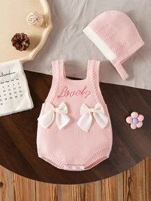 SHEIN Vintaside Kids 女嬰針織連身衣套裝，柔軟方領法式甜美可愛粉色淑女風，優雅百搭刺繡手工蝴蝶結重工精緻嬰兒針織連身褲，適合秋冬休閒派對出遊旅行度假 - 粉色 - 查看 8