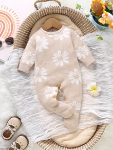 SHEIN Newborn Soft Knit Romper With Daisy Jacquard Pattern, Light Khaki, Round Neck, Long Sleeve, Full Footed, Multi-Button Crotch For Easy Diaper Changes, Gentle Forest Style Baby Outfit, All-In-One Bodysuit For Baby Girls, Suitable For Full Moon, 100 Days, Photo Shoots, Spring/Autumn/Winter, Inner Layer Or Outer Wear, Versatile For Daily Wear, Family Gatherings, Travel And Vacation - Apricot - View 4