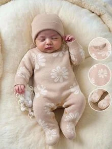 SHEIN Newborn Soft Knit Romper With Daisy Jacquard Pattern, Light Khaki, Round Neck, Long Sleeve, Full Footed, Multi-Button Crotch For Easy Diaper Changes, Gentle Forest Style Baby Outfit, All-In-One Bodysuit For Baby Girls, Suitable For Full Moon, 100 Days, Photo Shoots, Spring/Autumn/Winter, Inner Layer Or Outer Wear, Versatile For Daily Wear, Family Gatherings, Travel And Vacation - Apricot - View 3