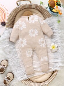 SHEIN Newborn Soft Knit Romper With Daisy Jacquard Pattern, Light Khaki, Round Neck, Long Sleeve, Full Footed, Multi-Button Crotch For Easy Diaper Changes, Gentle Forest Style Baby Outfit, All-In-One Bodysuit For Baby Girls, Suitable For Full Moon, 100 Days, Photo Shoots, Spring/Autumn/Winter, Inner Layer Or Outer Wear, Versatile For Daily Wear, Family Gatherings, Travel And Vacation - Apricot - View 2