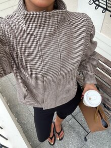 SHEIN EZwear 格子棕色千鳥格女款長袖休閒商務優雅大衣 辦公室秋季 - 摩卡棕 - 查看 8