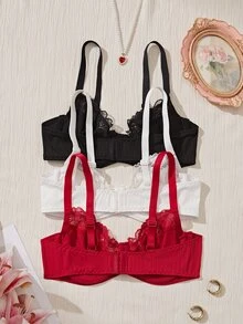 Bralution 3pcs/Set Lace Patchwork Thin Underwire Bra - Multicolor - View 2