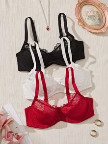 Bralution 3pcs/Set Lace Patchwork Thin Underwire Bra - Multicolor - View 6