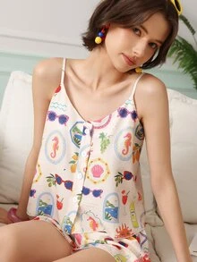 Chillnights Young Shell Lemon Sun Print Camisole Button Woven Single Piece Tank Top Women's Pajama Top - Multicolor - View 3