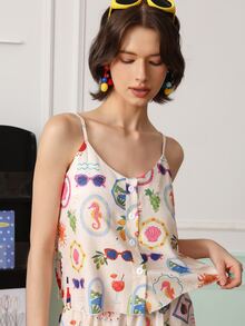 Chillnights Young Shell Lemon Sun Print Camisole Button Woven Single Piece Tank Top Women's Pajama Top - Multicolor - View 6