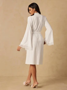 HautHeat Women's Lace Patchwork Casual Daily Home Loungewear Robe - White - View 2
