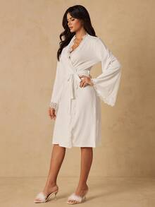 HautHeat Women's Lace Patchwork Casual Daily Home Loungewear Robe - White - View 4