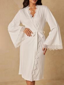 HautHeat Women's Lace Patchwork Casual Daily Home Loungewear Robe - White - View 3