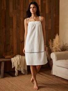 Lullawish 女款純色肩部打結休閒細肩帶睡裙 - 白色 - 查看 3