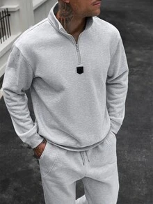 Manfinity CasualCool 男士長袖半拉鍊保暖內裡運動衫與運動長褲休閒套裝 - 灰色 - 查看 6