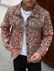 Manfinity CasualCool Men's Paisley Pattern Long Sleeve Single-Breasted Casual Street 80s Jacket Vacation Cruise Autumn - Light Yellow - View 4