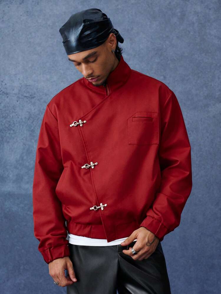 PAVTROS Men's Dark Techwear Asymmetrical Metal Buckle Flight Jacket, Clean-Fit Minimalist Streetwear Style, Niche Unique Design, Premium Luxury, Dark Techwear, Avant-Garde Deconstruction, Clean-Fit Minimalist, Unisex Couple, Holiday Gift - Red - View 3