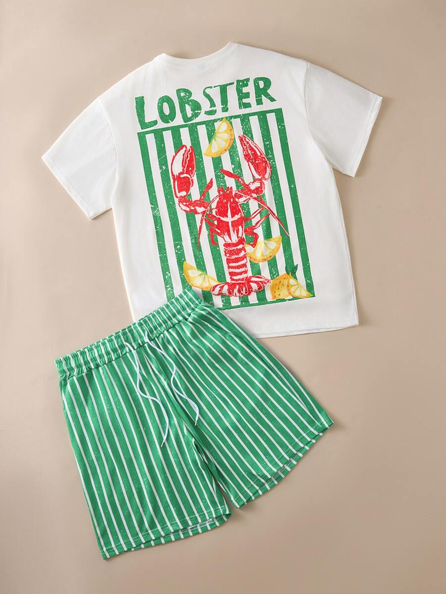 FROVYX Men's Lobster Print Short Sleeve T-Shirt And Striped Shorts Set, Suitable For Casual Daily Wear, Outdoor Vacation, Couple Matching - White - View 1
